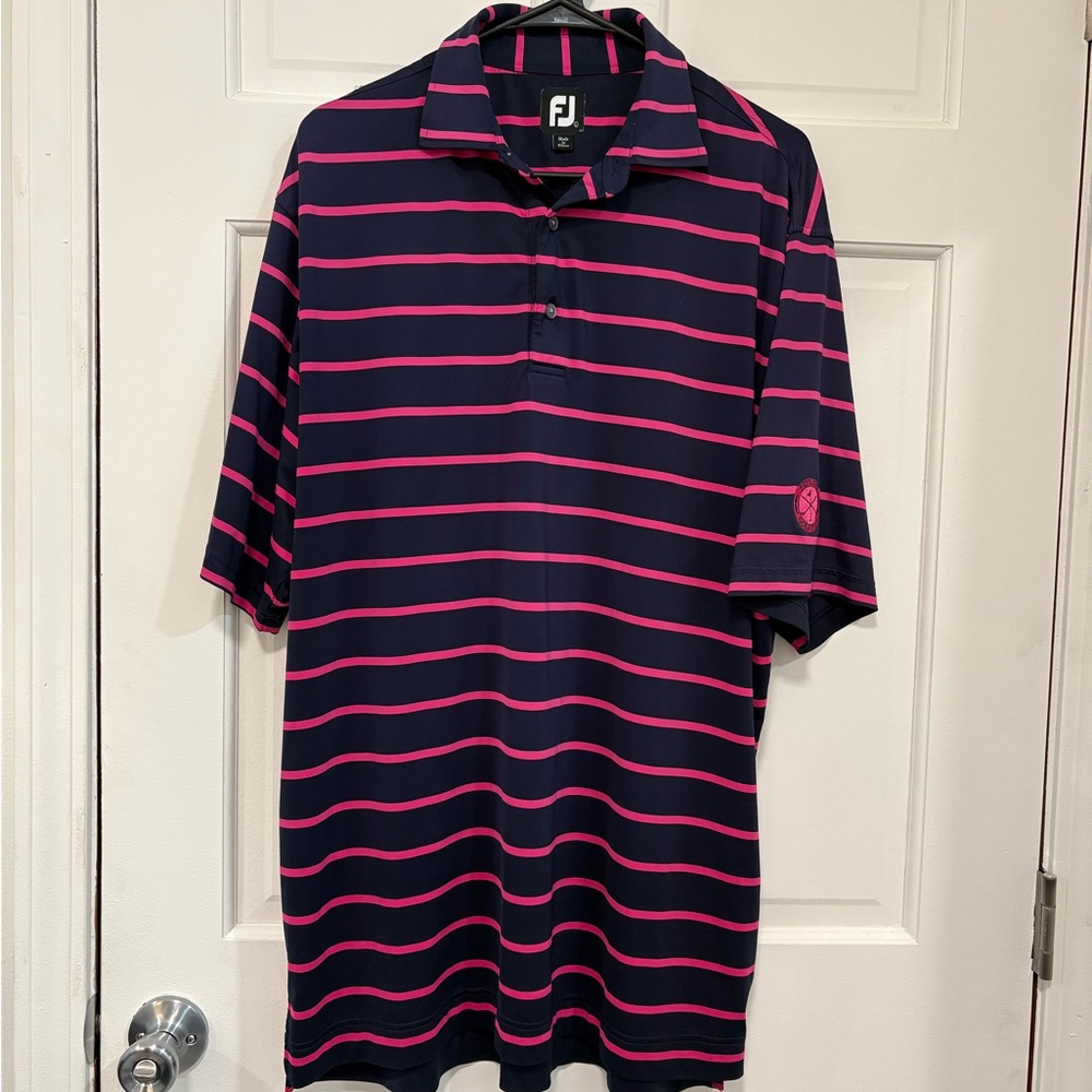 FootJoy Polo Shirt Men’s XL Navy/Pink Striped Pete Dye Golf Club Logo Preppy
